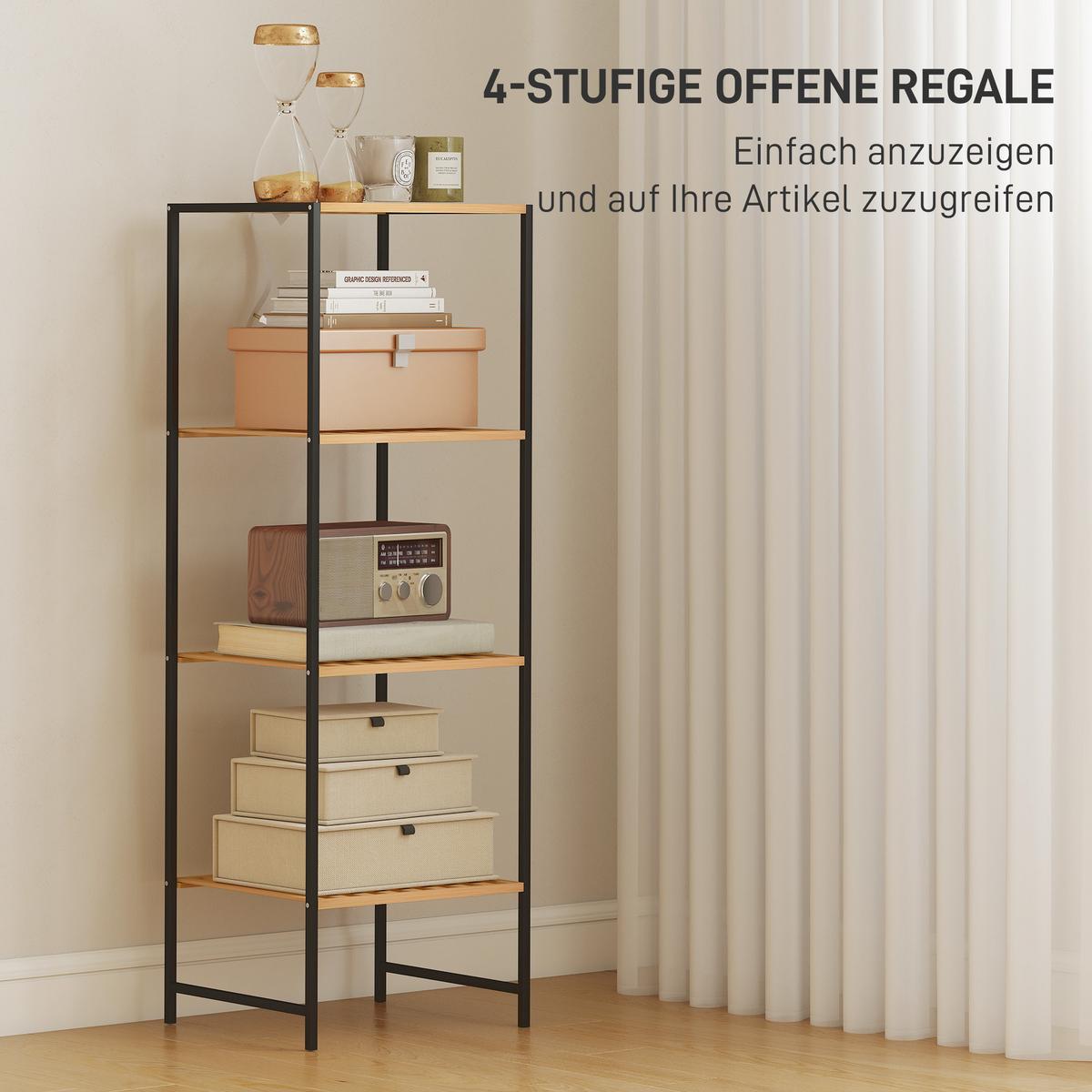 STANDREGAL mit 4 Ablagen aus Bambus und Stahl - Schwarz/Naturfarben, Metall (33/110/36.5cm) - HOMCOM