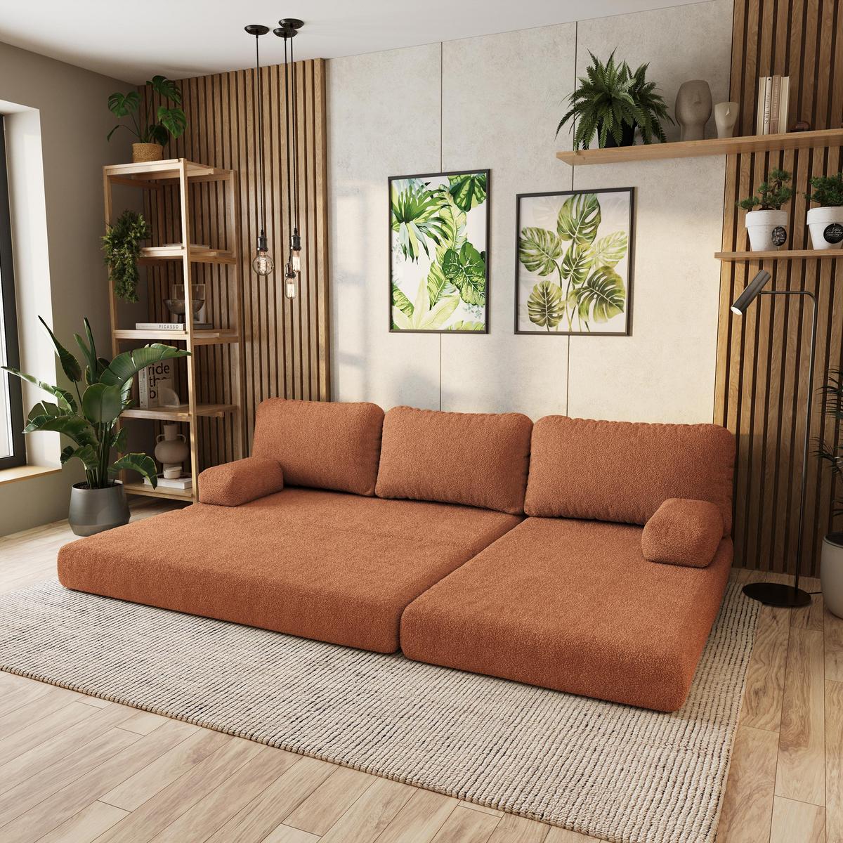ECKSOFA LEA modulares Boneless Sofa mit Schlaffunktion Orange Boucle-Stoff - Orange, Textil (270/160cm) - MASSENO