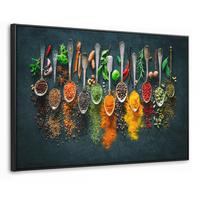 LEINWAND Bilder mit Rahmen - Kräuter - Gewürze - Löffel - 120x80 - Currygelb, Textil (120/80cm) - MuchoWow