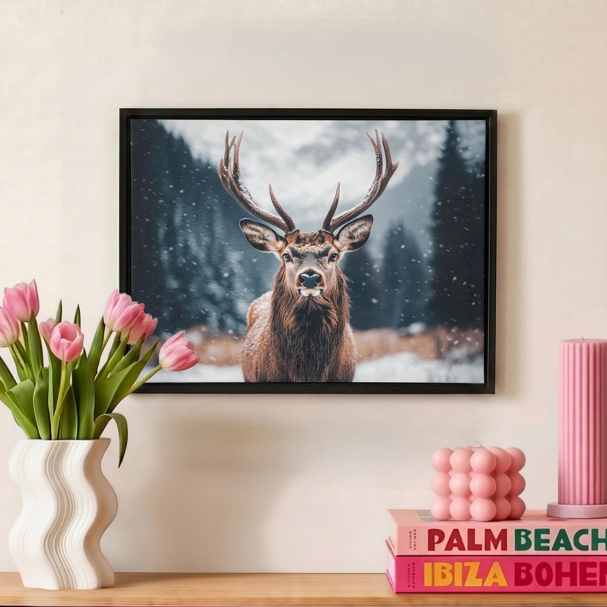 LEINWAND Bilder mit Rahmen - Hirsche - Tiere - Landschaft - Winter - Schnee - 40x30 - Kastanienfarben, Textil (40/30cm) - MuchoWow