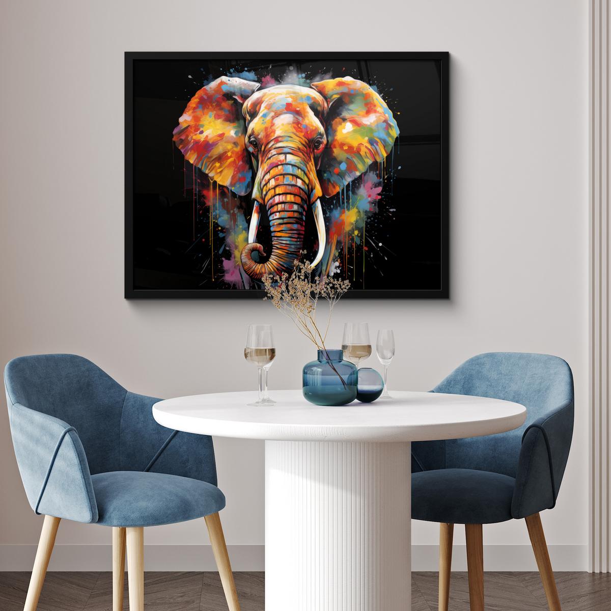 POSTER MIT RAHMENGERAHMTES BILD Elefant - Graffiti - Schwarz - Tiere - Farben 80x60 cm - Schwarz, Papier (80/60cm) - MuchoWow