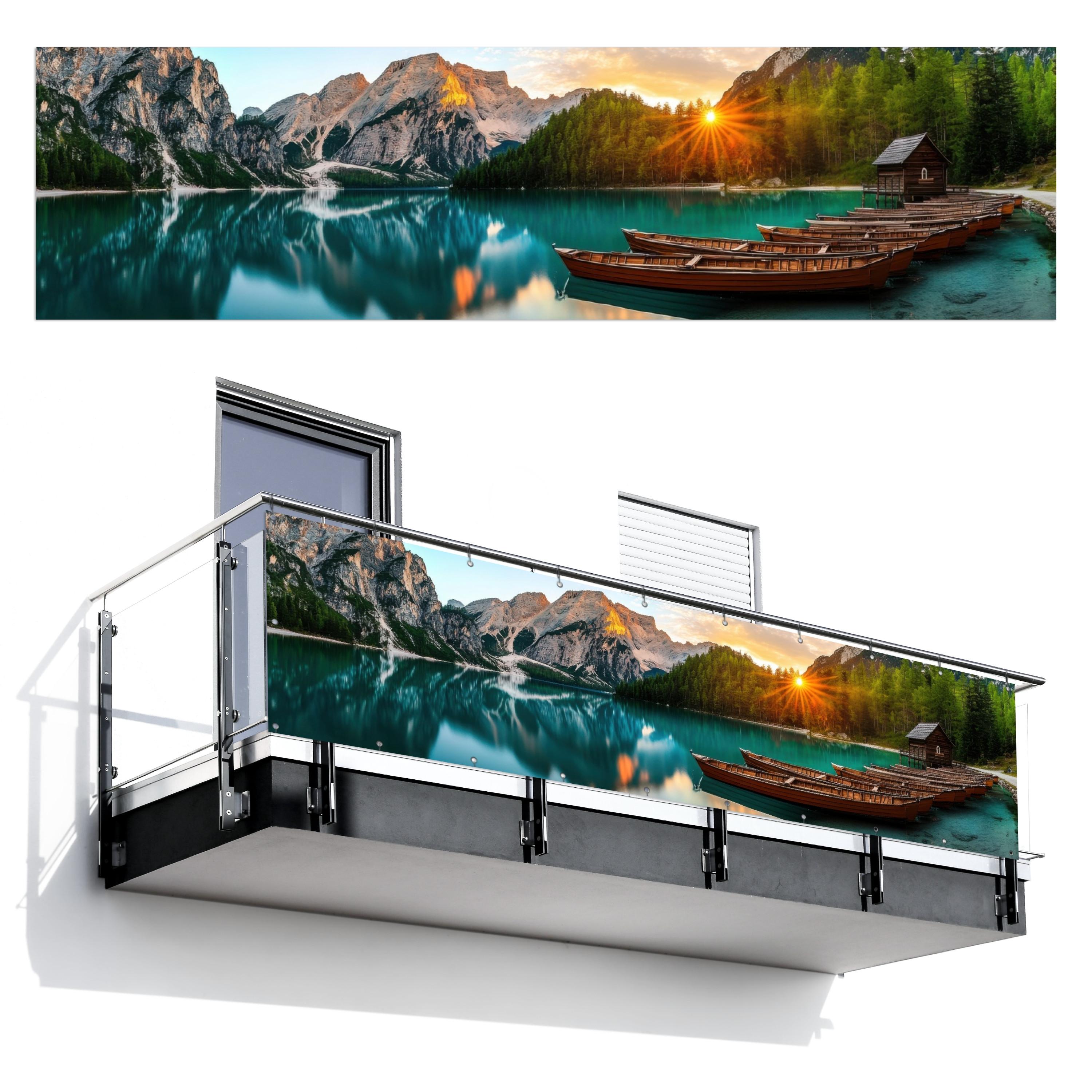 BALKON-SICHTSCHUTZ See - Berge - Sonnenuntergang - Boot Witterungsbeständig 300x80 cm - Petrol, Kunststoff (300/80cm) - MuchoWow