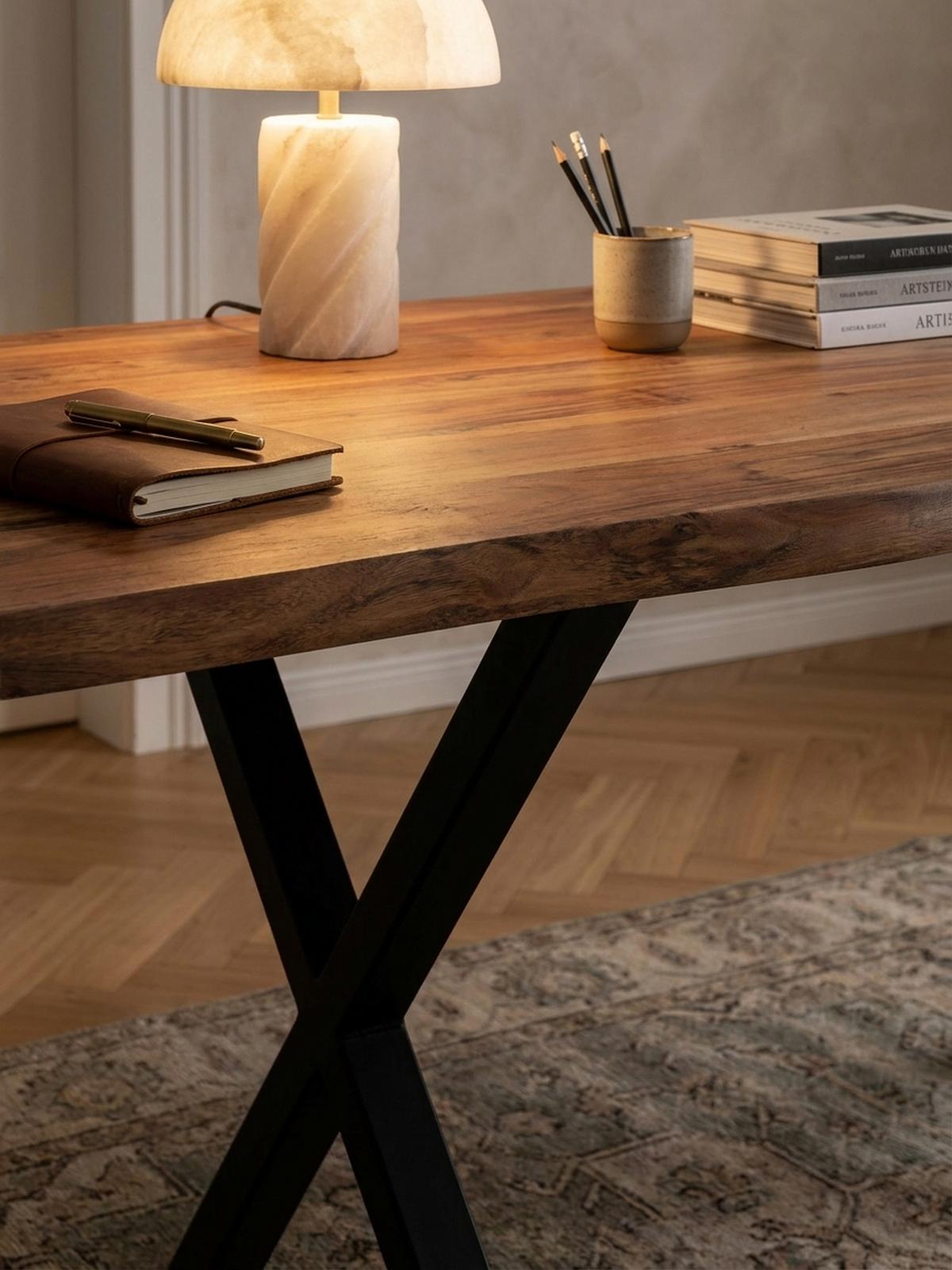 SCHREIBTISCH Massivholz X-Gestell Baumkante Handgefertigt KRETA, Goldbraun-Schwarz 200x100x76 cm - Schwarz/Braun, Holz/Metall (100/200/76cm) - KADIMA DESIGN