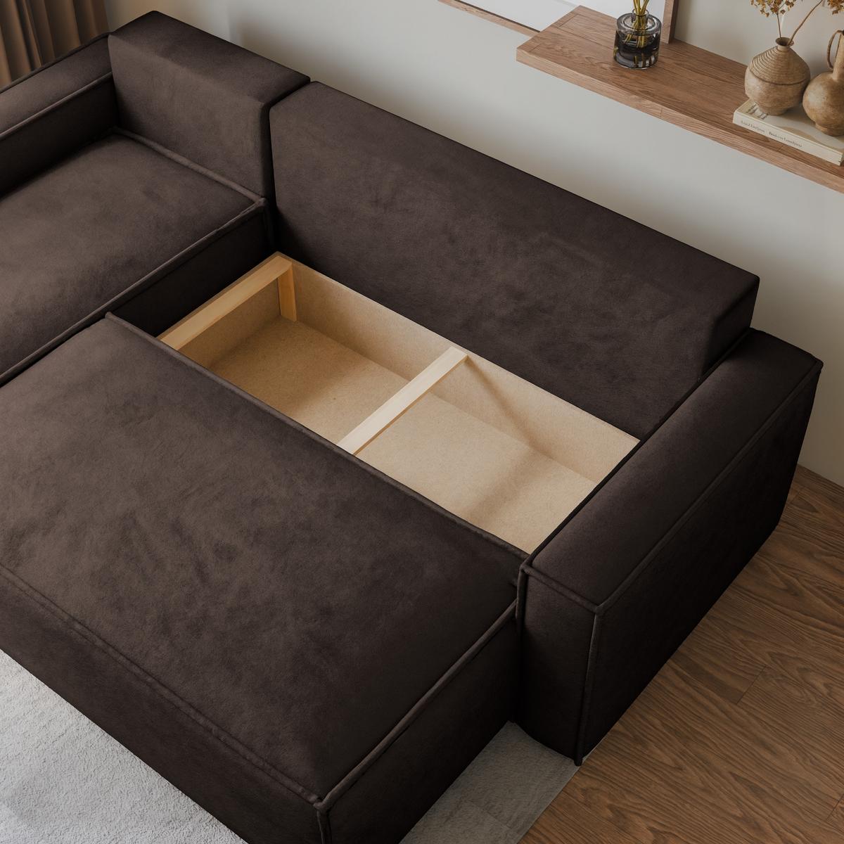 ECKSOFA RAVELO M Braun Velours-Stoff mit Schlaffunktion - Braun/Grau, Holz/Kunststoff (240/140cm) - MASSENO