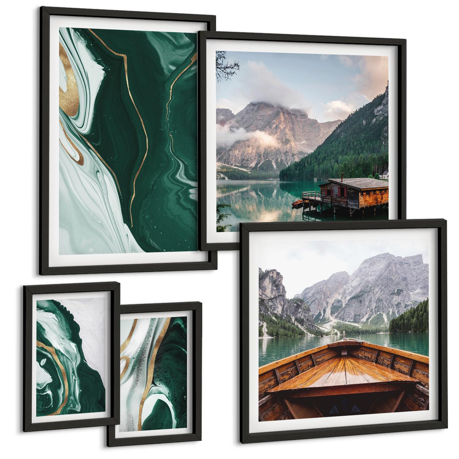 BILDER SET 5er Set - 50x50 cm & 20x30 cm & 40x60 cm Schwarzer Rahmen - Abstrakte Muster von Sukkulentenblättern - Schwarz, Kunststoff (40/60cm) - TULUP