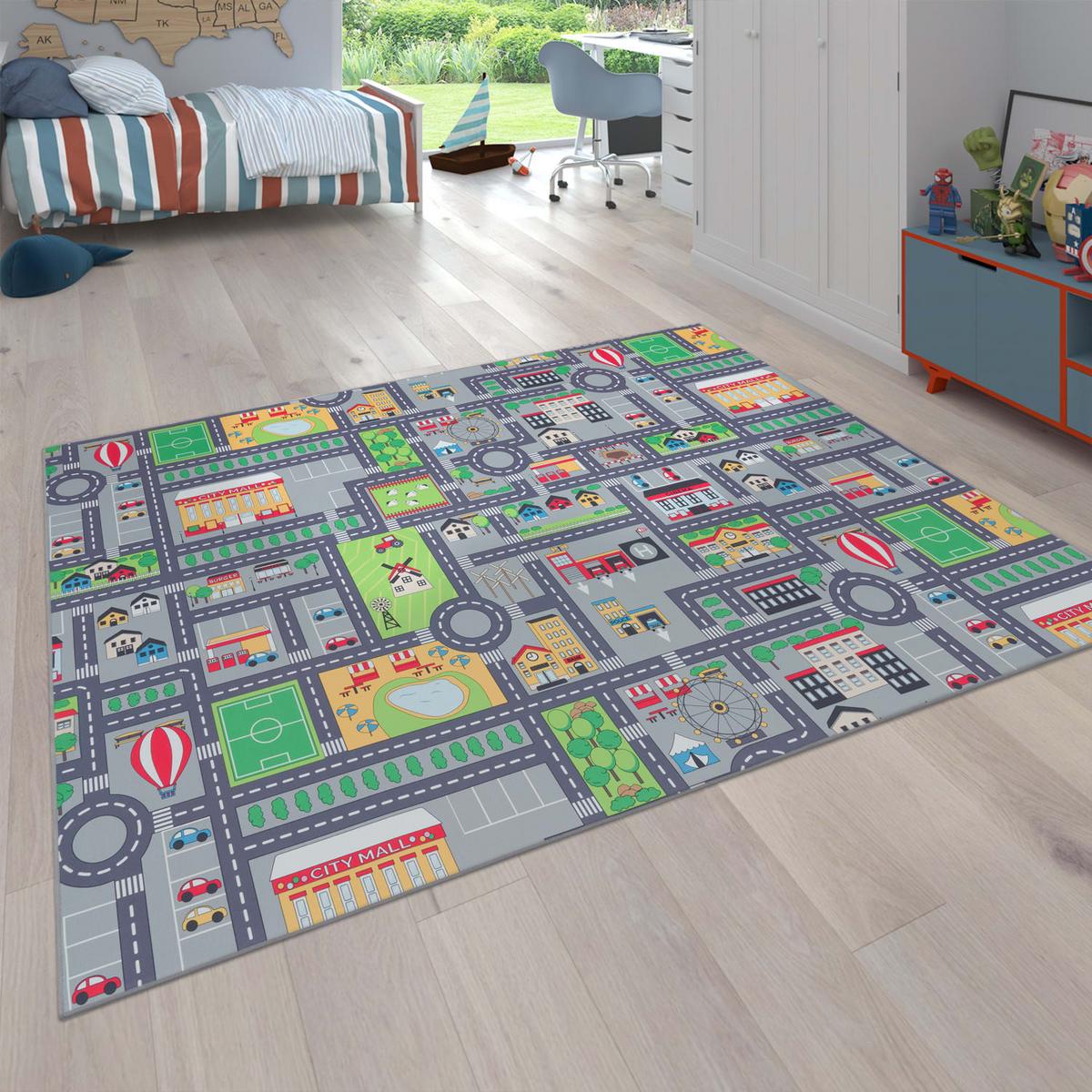 KINDERTEPPICH Waschbar, mit Stadt‑Land‑Karten‑Muster, Grau, 200 x 200 cm - Grau, Textil (200/200cm) - KADIMA DESIGN
