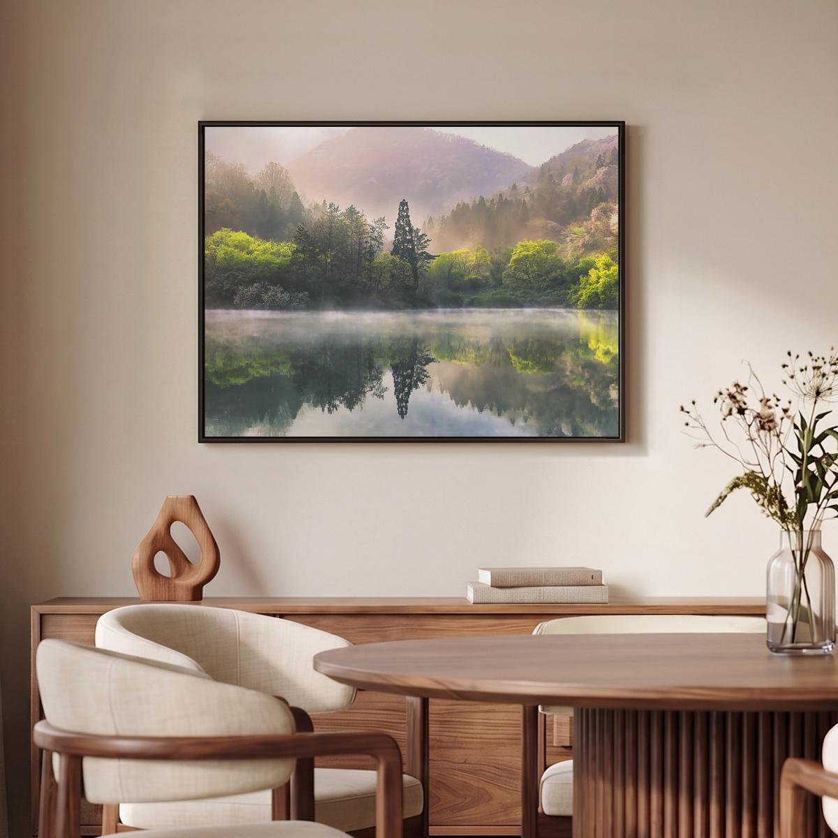 LEINWAND Bilder mit Rahmen - Natur - Bäume - Berge - See - Wasser - 70x50 - Hellgrün, Textil (70/50cm) - MuchoWow