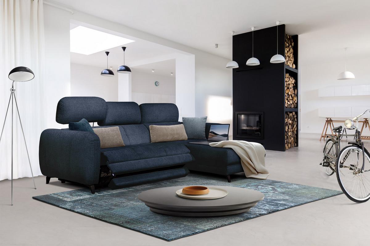 ECKSOFA SVEN 3-Sitzer, 1 Relax XL, verstellbare Kopfstützen, navy blue - Schwarz/Dunkelblau, Holzwerkstoff/Textil (256/163cm) - Wozimo