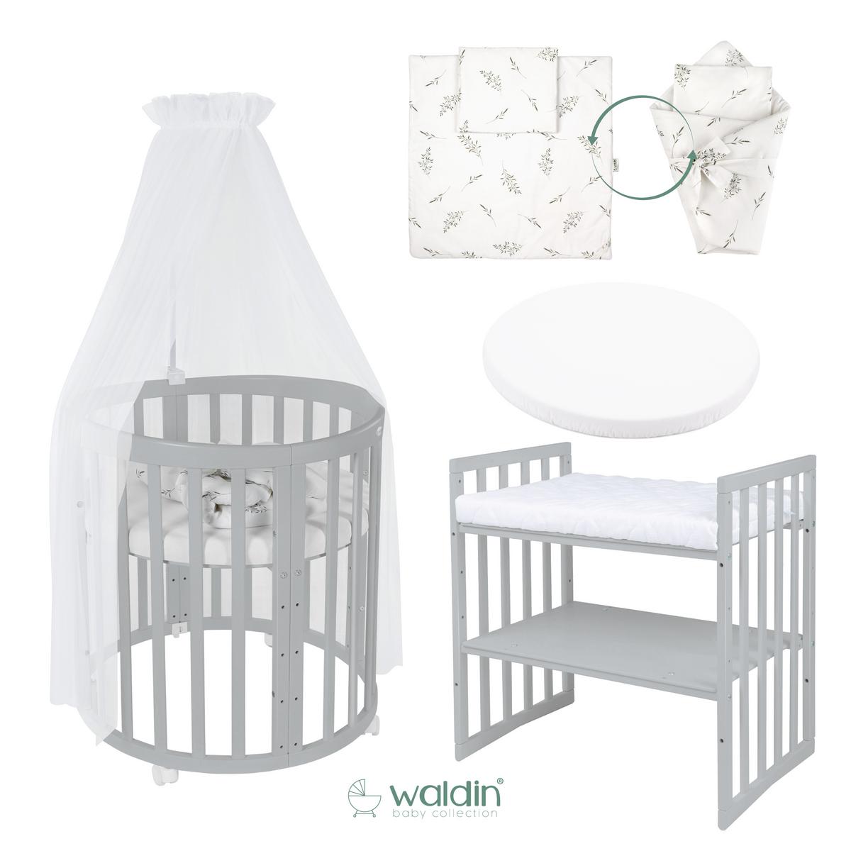 BABYBETT GREY OVAL 7in1 mit Matratze und Himmelset - Weiß/Grau, Holz/Textil (73/125cm) - waldin