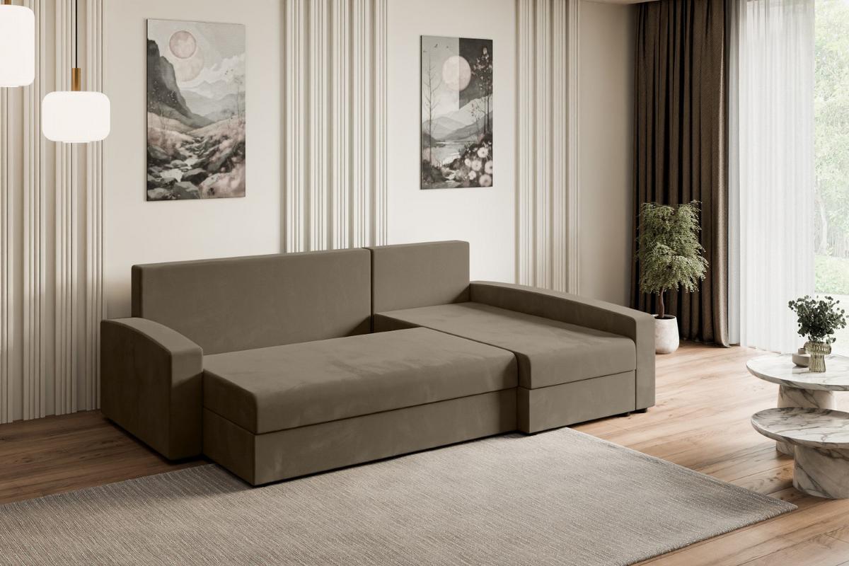 ECKSOFA mit Schlaffunktion und Bettkasten ALESIA-L 231x140x90 cm Braun Velours - Silberfarben/Braun, Holzwerkstoff/Kunststoff (231/140cm) - ALTDECOR