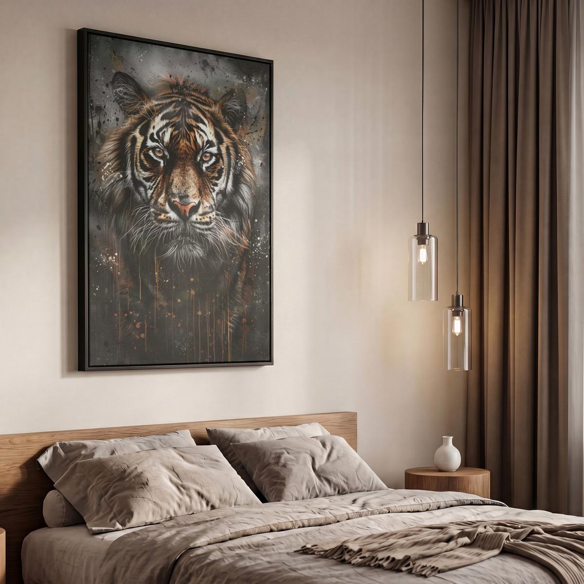 LEINWAND Bilder mit Rahmen - Tiger - Tiere - Porträt - Luxus - Schwarz - 60x90 - Braun, Textil (60/90cm) - MuchoWow
