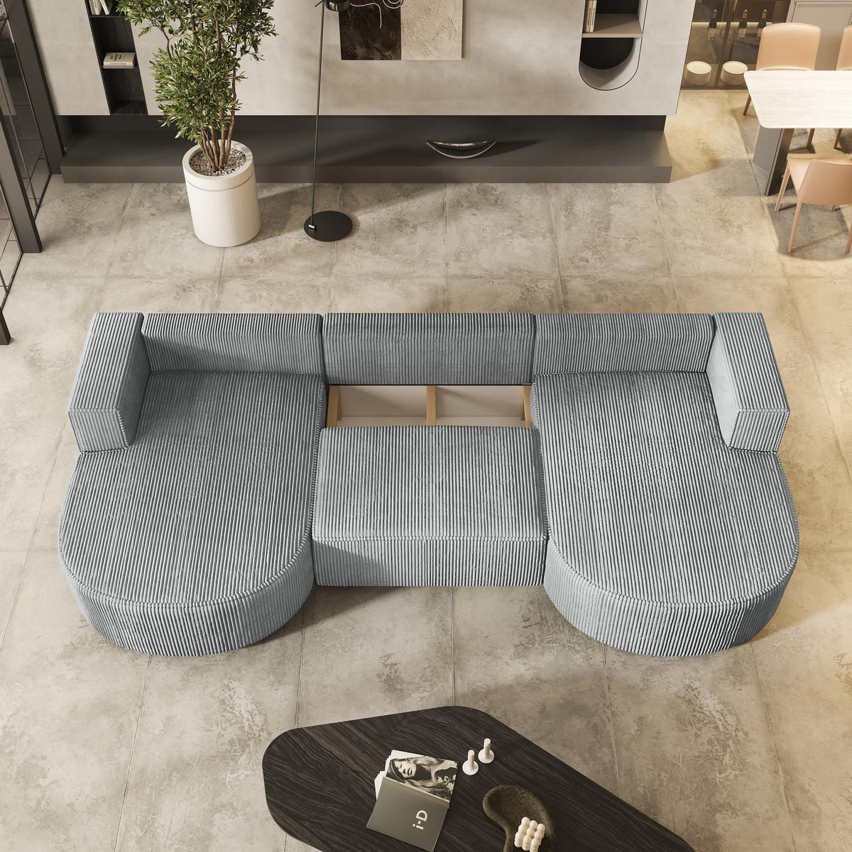 WOHNLANDSCHAFT VEZZO P Hellgrau Kordstoff mit Schlaffunktion - Hellgrau/Grau, Holz/Kunststoff (347/85/174cm) - MASSENO