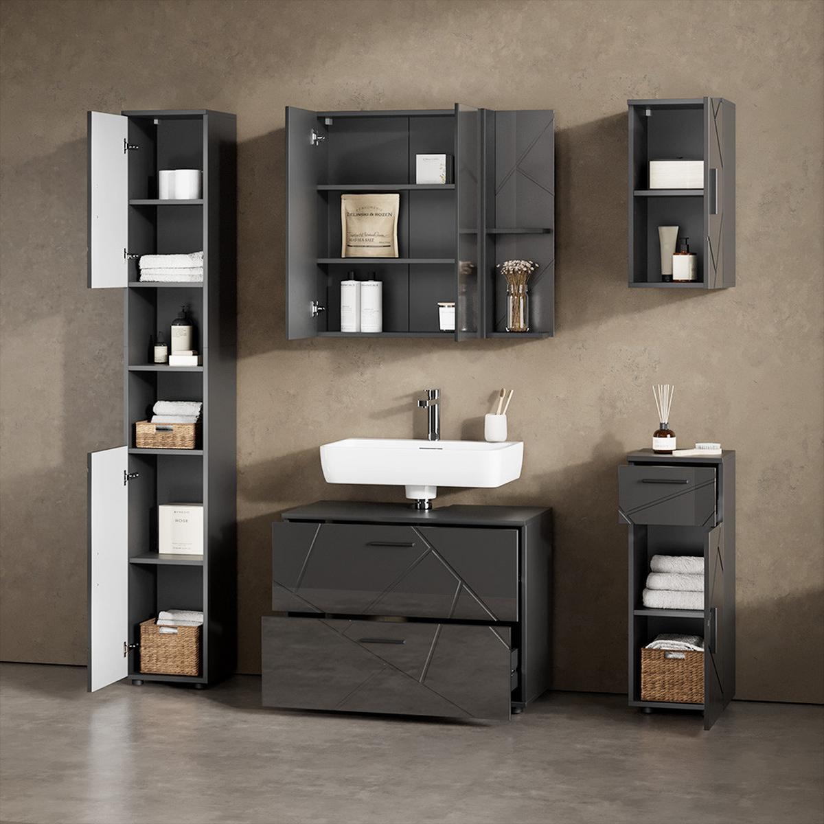 SPIEGELSCHRANK Ronco Anthrazit Hochglanz/Anthrazit 80 x 75 cm - Schwarz Hochglanz/Anthrazit, Holzwerkstoff (80/75/17.2cm) - Livinity®