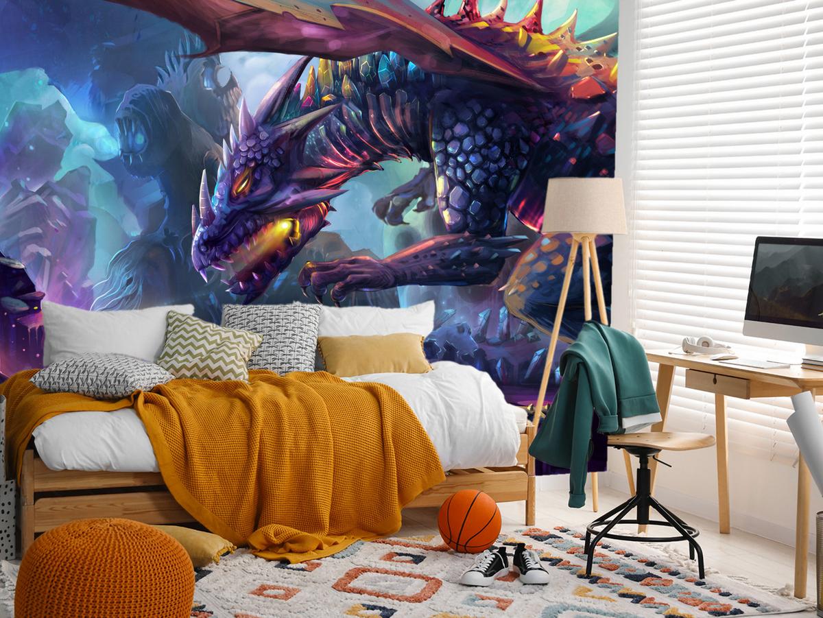 FOTOTAPETE für Jugendzimmer Fantastischer Drache Magische Welt Fantasy 350x256 - Türkis/Violett, Papier (350/256cm) - Muralo