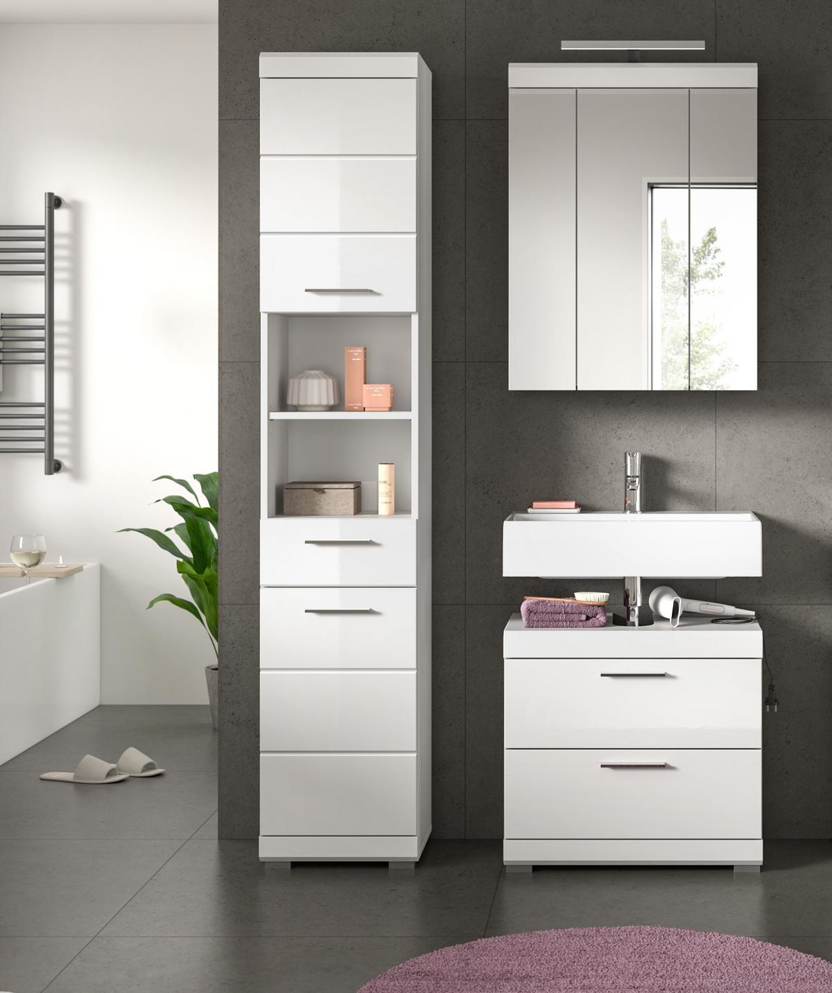 WASCHBECKENUNTERSCHRANK weiß Hochglanz 60 cm mit Vollauszug Schubkästen - Weiß Hochglanz/Silberfarben, Holzwerkstoff/Kunststoff (60/56/37cm) - Inn.Furn