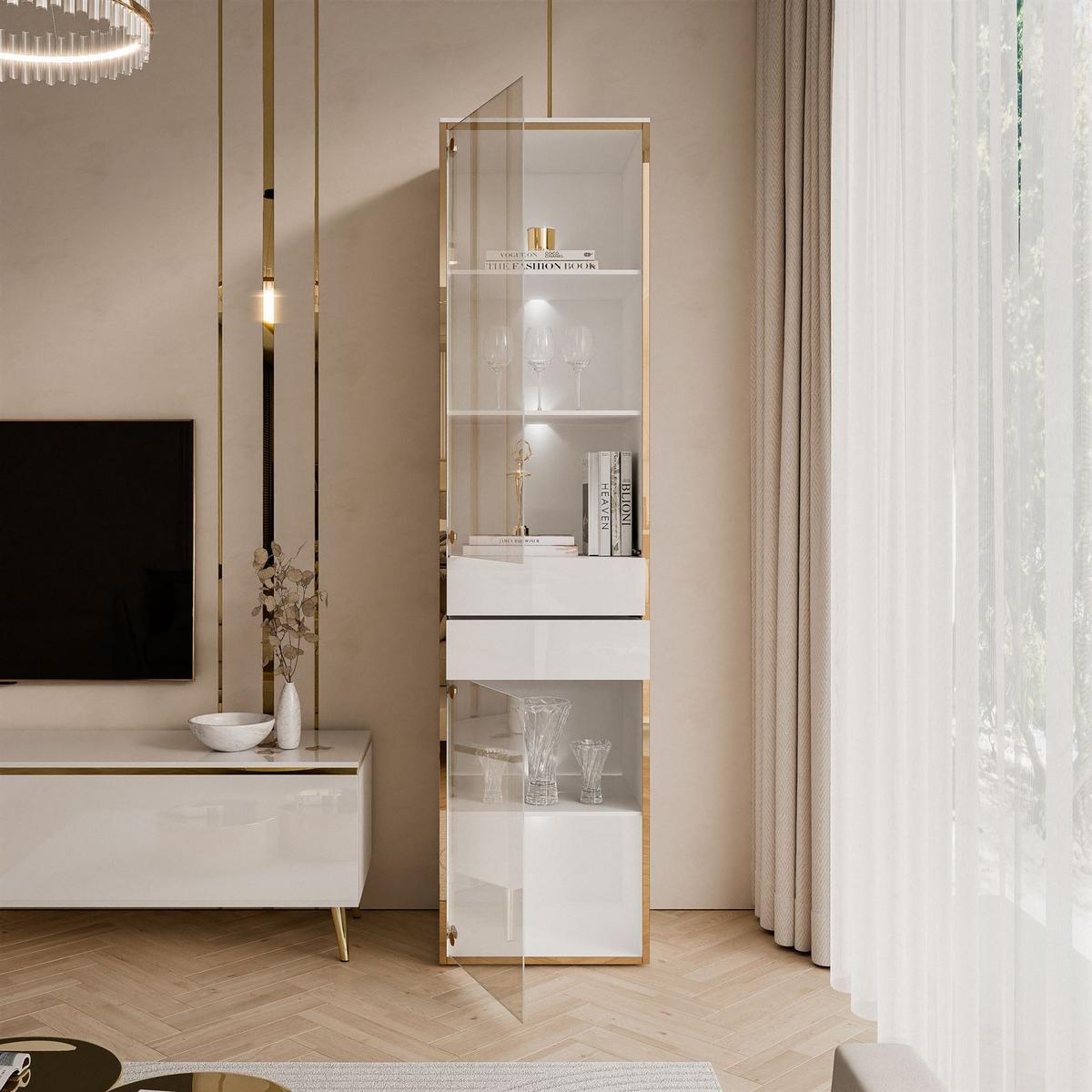 VITRINE AURORA in Weiß hochglanz mit LED-Beleuchtung mit Fuße - Weiß Hochglanz/Schwarz, Holzwerkstoff/Kunststoff (45/181/40cm) - Lookway
