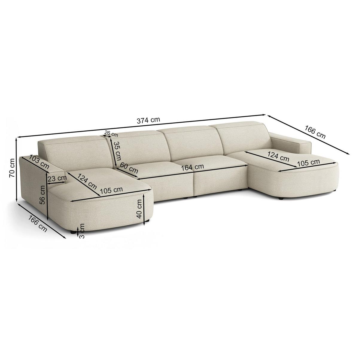 WOHNLANDSCHAFT Sallmo U-Form, universell, 3-Sitzer 374 cm - Creme/Schwarz, Kunststoff/Textil (374/70/166cm) - Selsey