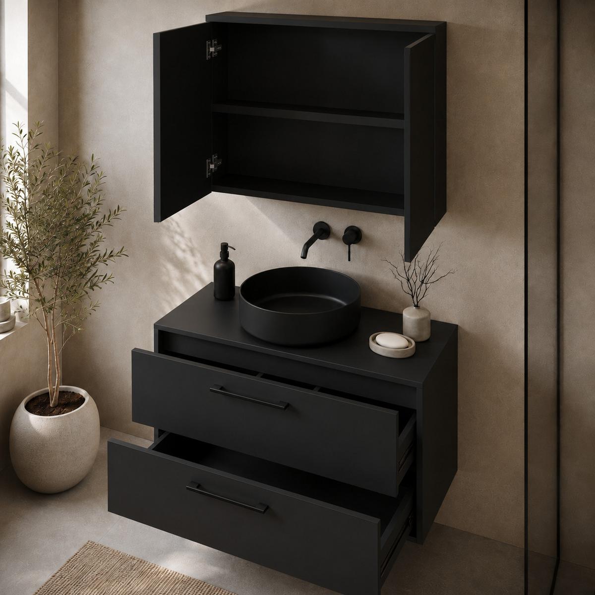 BADMÖBEL-SET Florence 2 Teile Matt Schwarz - 80 x 46 x 46 cm - Schwarz, Holz (80/46/46cm) - Badplaats