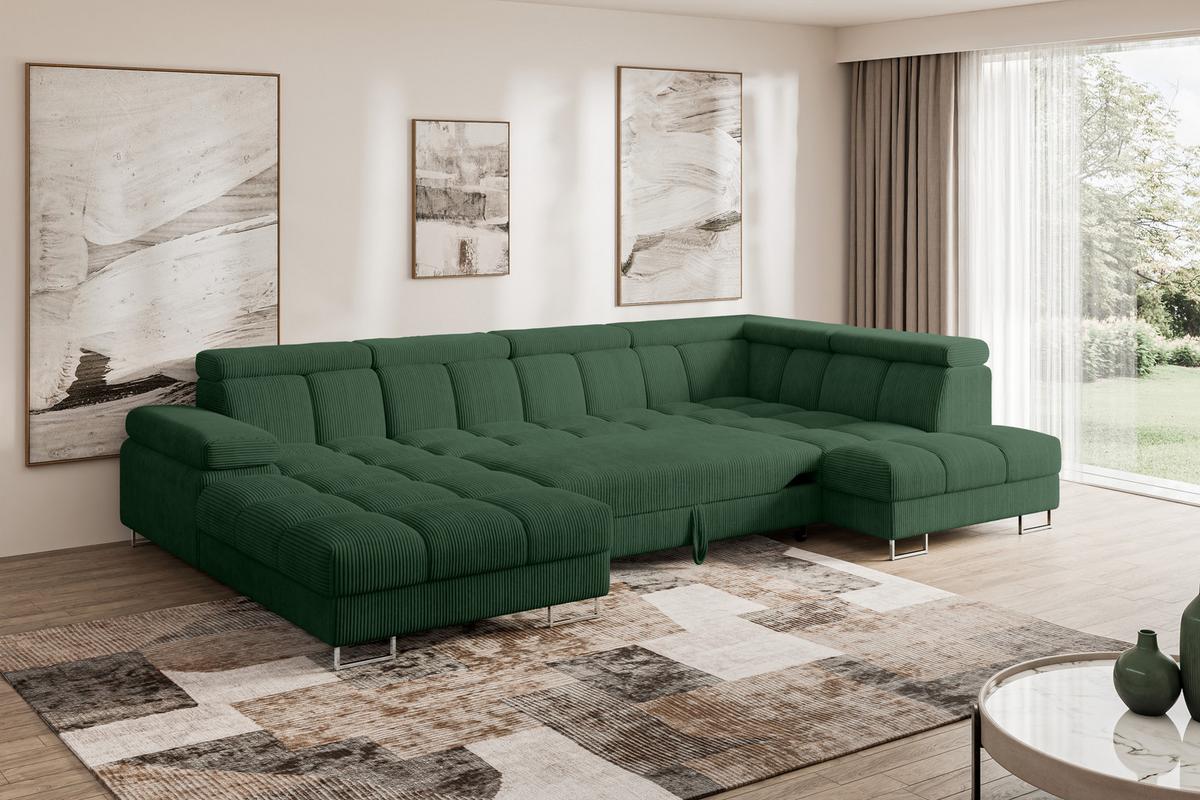 WOHNLANDSCHAFT mit Schlaffunktion und Bettkasten Ottomane RECHTS COMA U 345x203x79 Grün Cord - Waldgrün, Holzwerkstoff/Textil (203/79/345cm) - ALTDECOR
