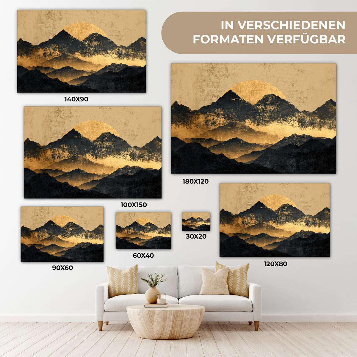 LEINWANDBILD Goldene Berge bei Mondschein Wohnzimmer Groß 120x80 cm - Goldfarben, Textil (120/80cm) - MuchoWow