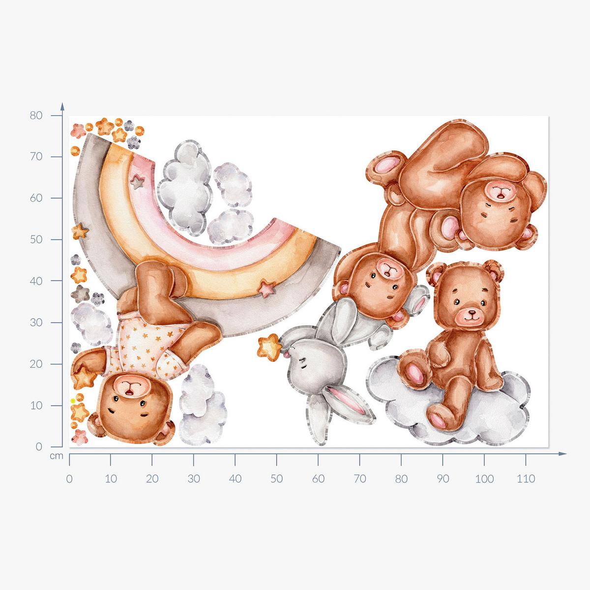 WANDAUFKLEBER 80x116cm - Teddybären und ein Kaninchen auf einem Regenbogen - Multicolor, Kunststoff (80/116/0.1cm) - Wallfluent