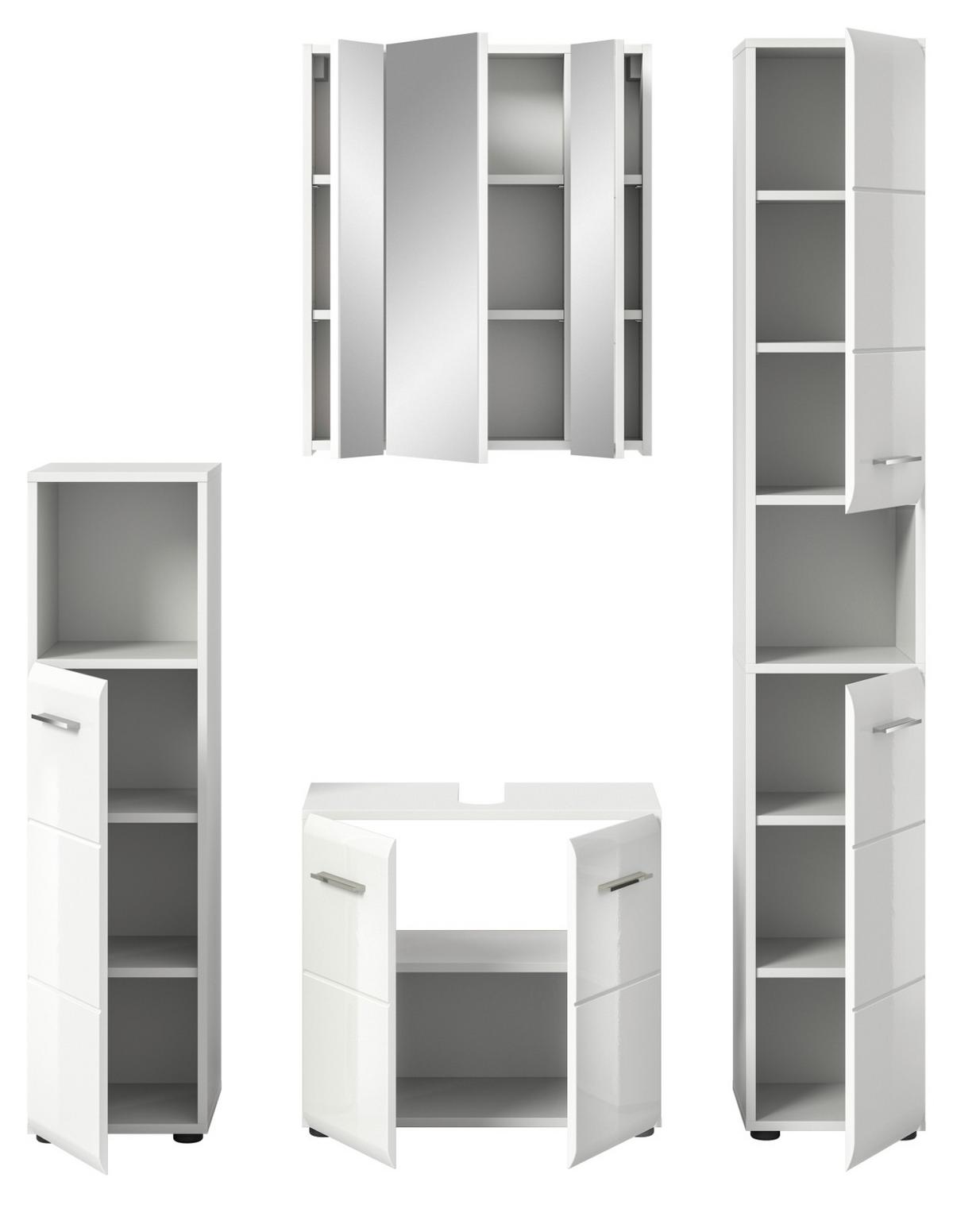 BADMÖBEL-SET weiß Hochglanz 4-teilig 150 cm, Komplettset mit viel Stauraum - Weiß Hochglanz/Silberfarben, Glas/Holzwerkstoff (150/185/30cm) - Inn.Furn