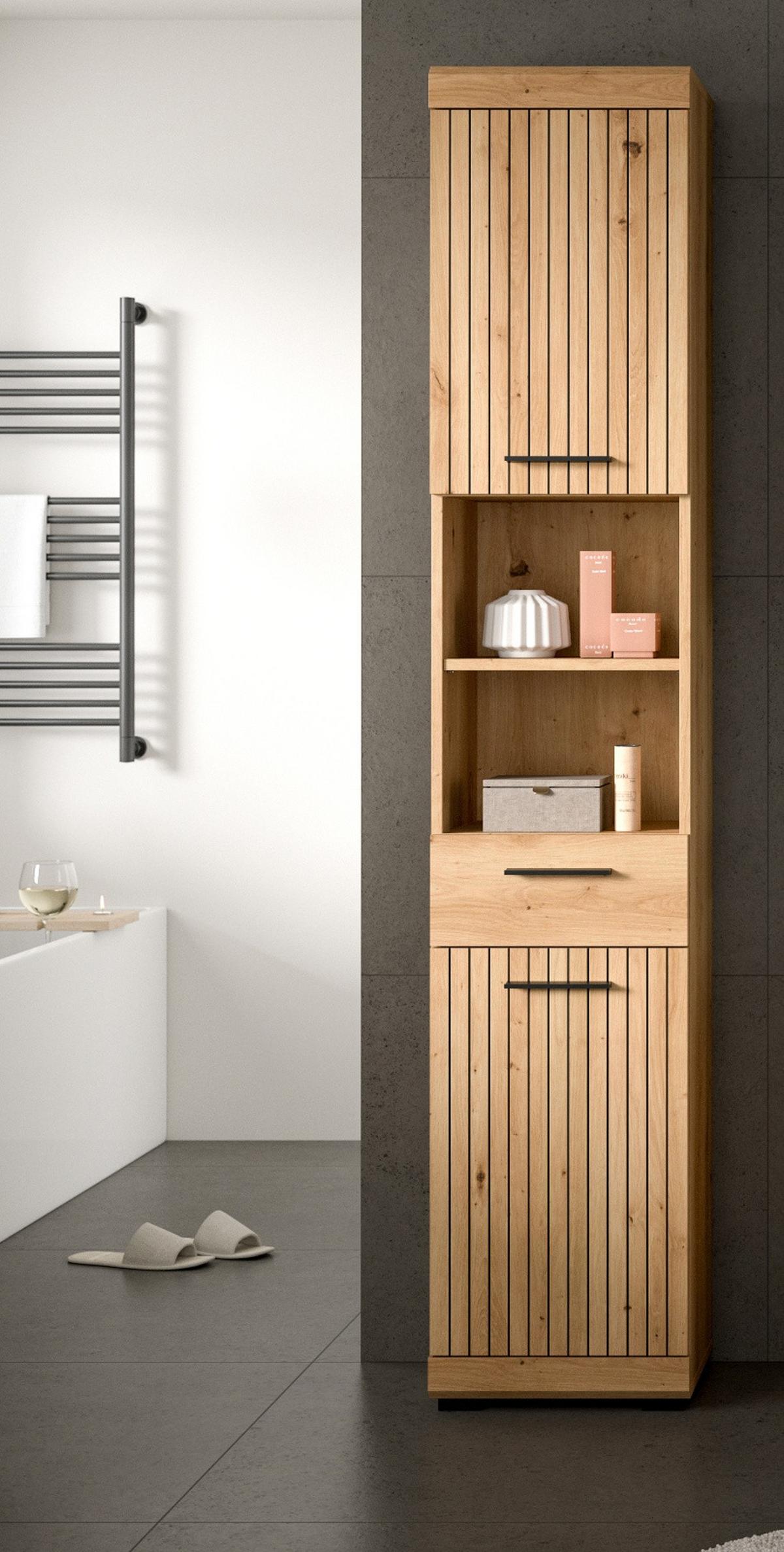 HOCHSCHRANK Eiche Artisan 37 x 191 cm, Badschrank in modernem Design - Schwarz/Eiche Artisan, Holzwerkstoff/Kunststoff (37/191/31cm) - Inn.Furn
