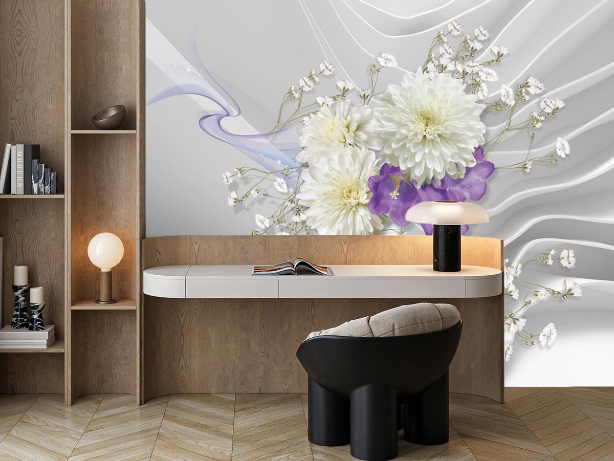 FOTOTAPETE für Wohnzimmer BLUMEN Abstraktes Welliges Raumhintergrund 350x256 - Violett/Weiß, Papier (350/256cm) - Muralo