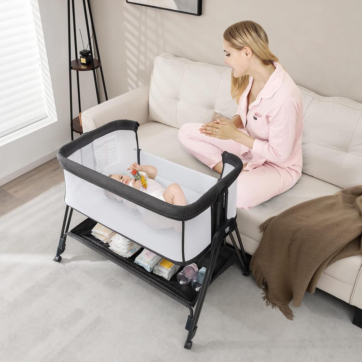 BABYBETT 2 in 1 Beistellbett Stubenwagen klappbar Grau - Grau, Metall - COSTWAY