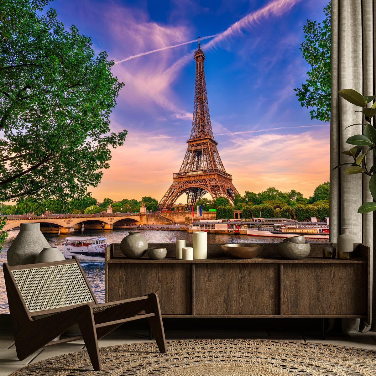 FOTOTAPETE Eiffelturm Paris Architektur 3D 450x315 - Blau/Gelb, Papier (450/315cm) - Muralo