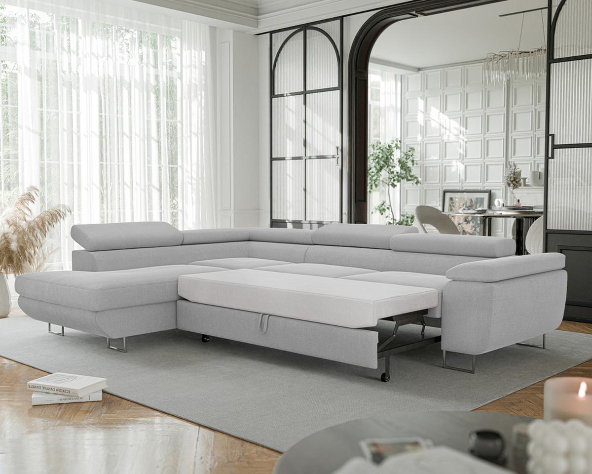 ECKSOFA ANTON links, mit Schlaffunktion und Bettkasten Hellgrau - Chromfarben/Hellgrau, Textil/Metall (274/203cm) - Idohome