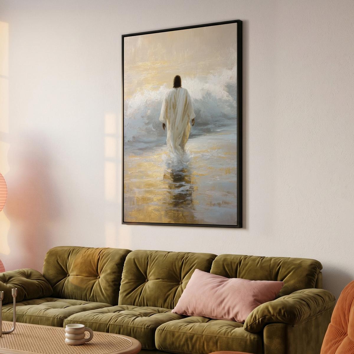 LEINWAND Bilder mit Rahmen - Gemälde - Welle - Jesus - Abstrakt - 80x120 - Goldfarben, Textil (80/120cm) - MuchoWow