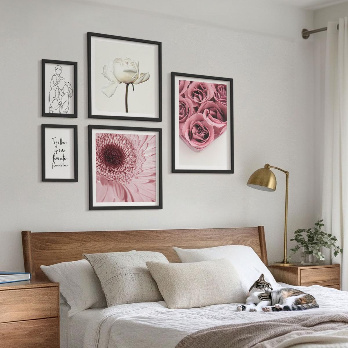 BILDER SET 5er Set - 50x50 cm & 20x30 cm & 40x60 cm Schwarzer Rahmen - Rosensträuße als Familienzeichnung - Schwarz, Kunststoff (40/60cm) - TULUP