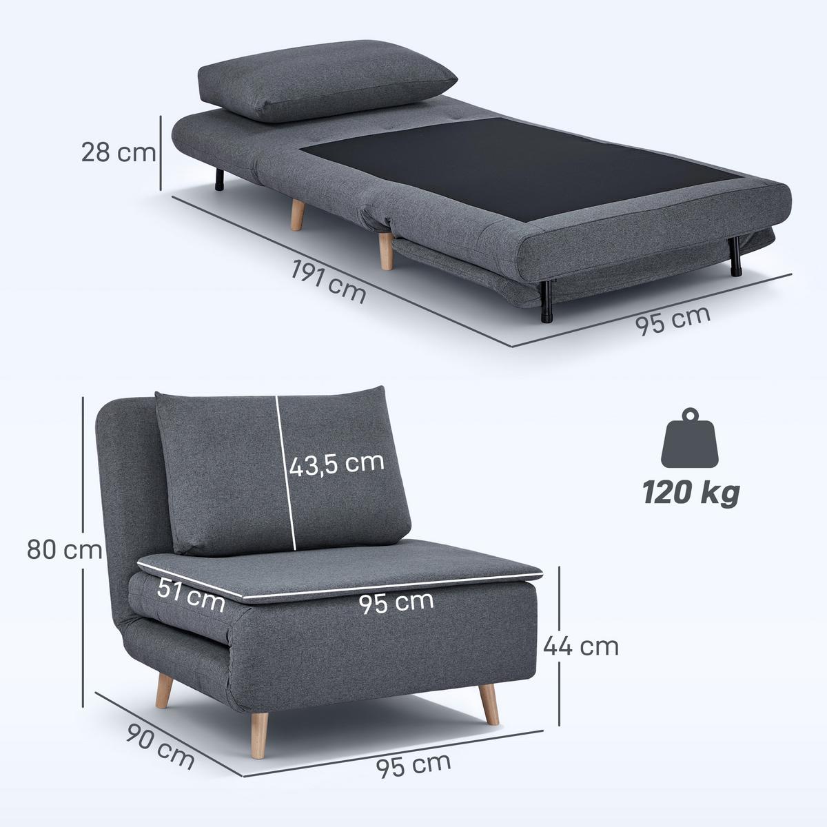 SCHLAFSESSEL 3-in-1 Sessel Bett-Funktion , verstellbare Rückenlehne - Buchefarben/Grau, Buchenholz/Textil (90/80/95cm) - HOMCOM