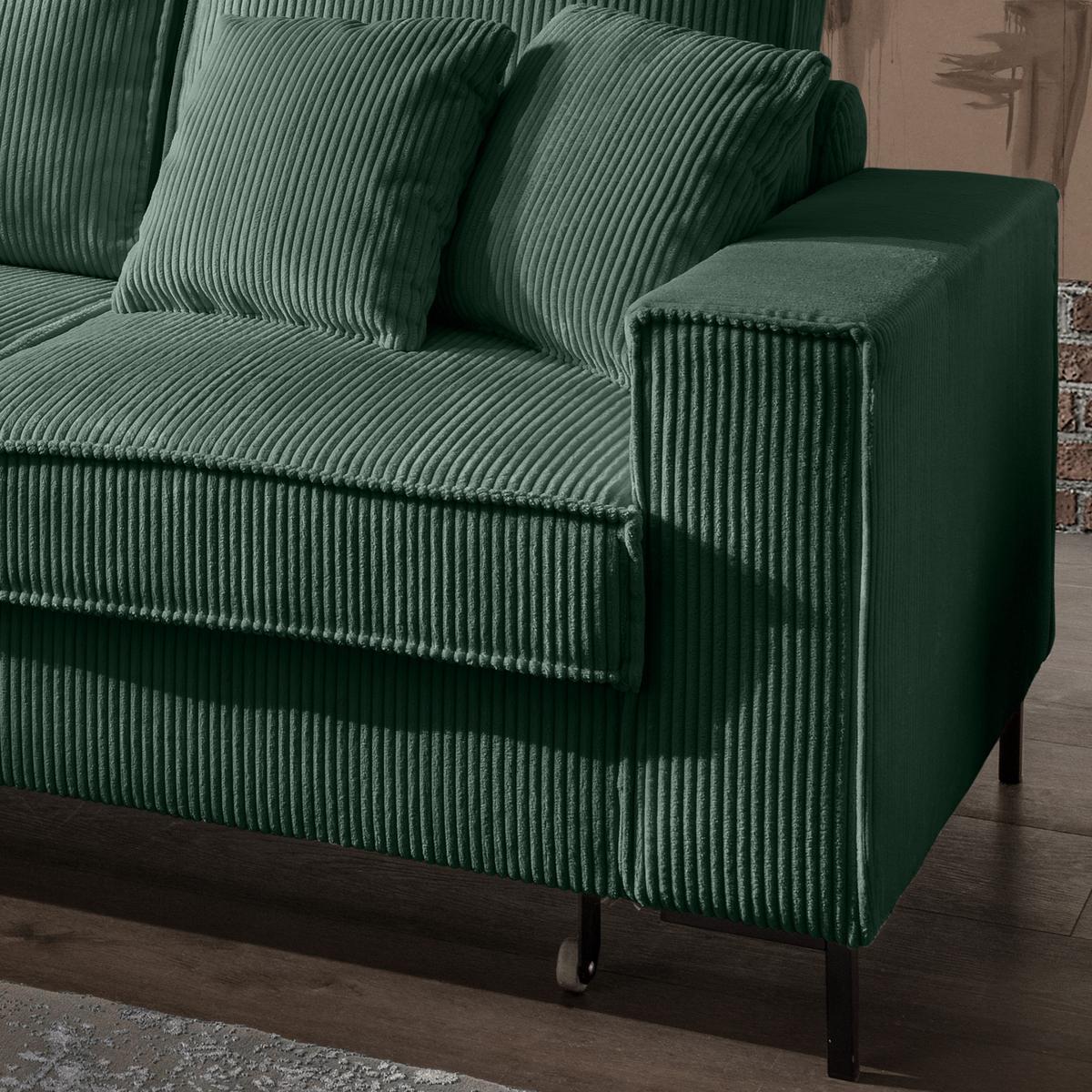 ECKSOFA mit Schlaffunktion, Bettkasten, Wellenunterfederung, Récamiere links B240/T150/H92 cm, Liegefl. 125x198 cm, Cord Grün / 17224 - Schwarz/Grün, Textil/Metall (240/150cm) - luma-home
