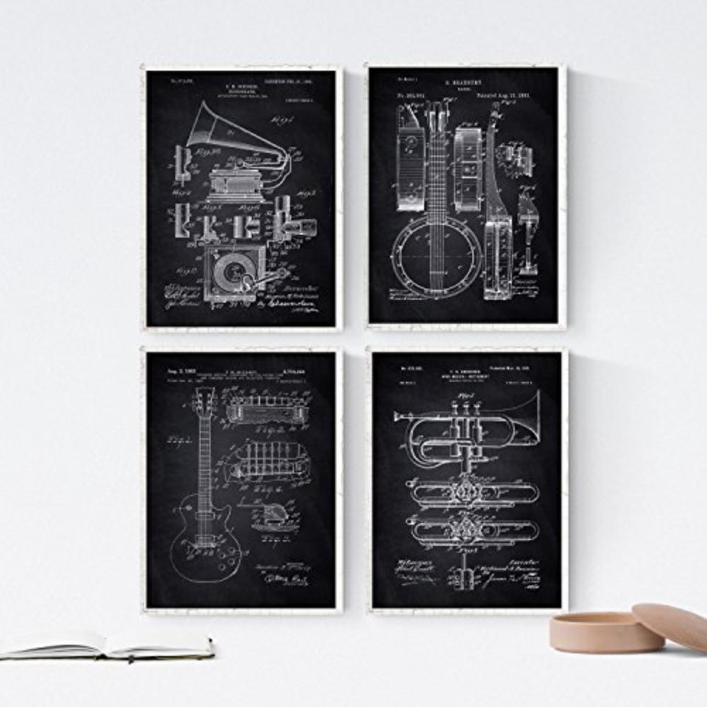 POSTER Set mit 4 Schwarz MusikPatenten A4 Rahmenlos - Klar, Papier (29.7/3cm) - Nacnic