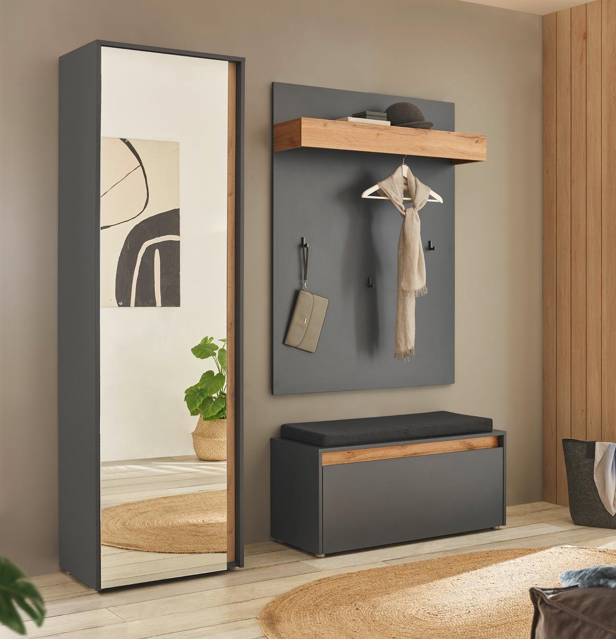 GARDEROBEN-SET 4-teilig grau, Eiche Wotan 170 cm, Flurgarderobe inklusive Sitzkissen - Eiche Wotan/Silberfarben, Glas/Holzwerkstoff (170/200/40cm) - Furn.Design