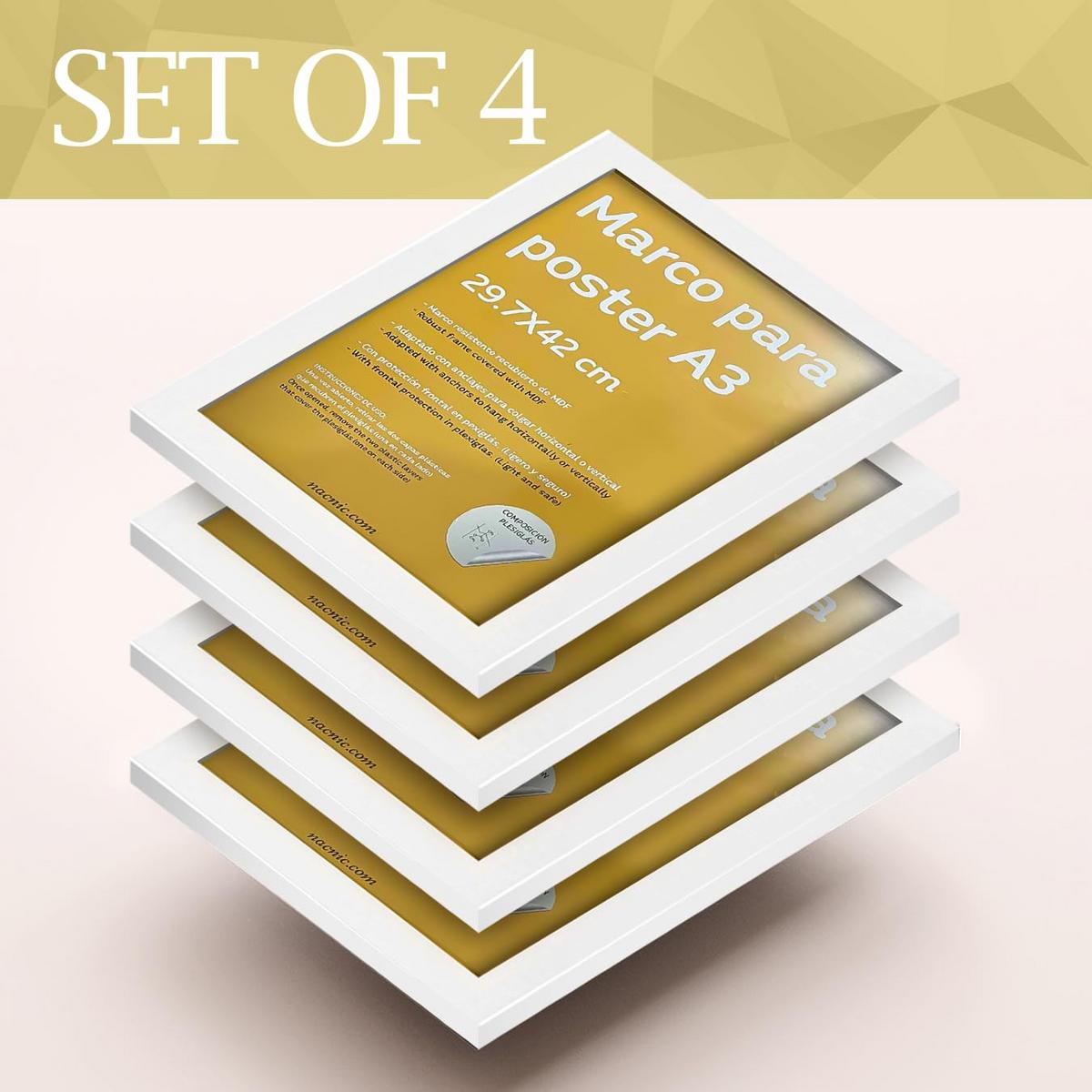 RAHMEN Set mit 4 aus MDF und Acrylglas Schutz und Aussteller für Fotografien, Bilder, Poster, Gemälde, Dekoration für Haus Farbe Weiß A3 - Weiß, Holz (29.7/3cm) - Nacnic