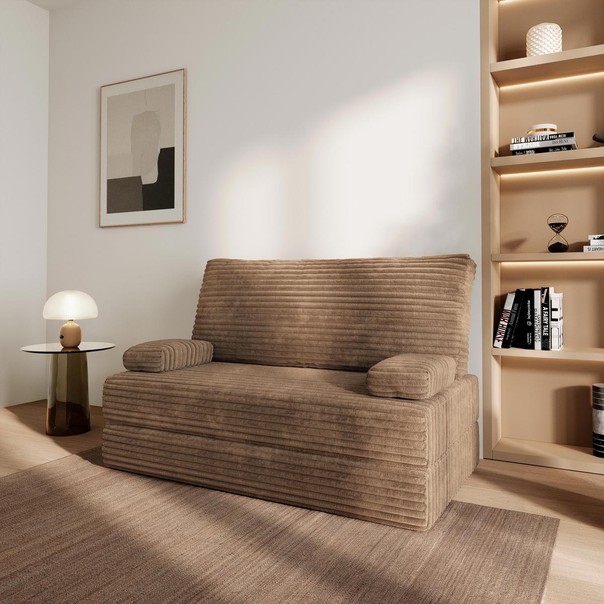 BETTSOFA LADIA aus Schaumstoff Kordstoff Beige Schlaffunktion - Beige, Textil (140/86/60cm) - MASSENO