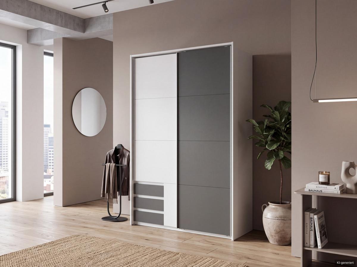 SCHWEBETÜRENSCHRANK 2-türig B138/H200/T65 cm, Passepartout-Kleiderschrank in Weiß, 1x Tür & sichtbare Schubkästen in Grafit / 22668 - Graphitfarben/Alufarben, Holz/Holzwerkstoff (138/200/65cm) - luma-home