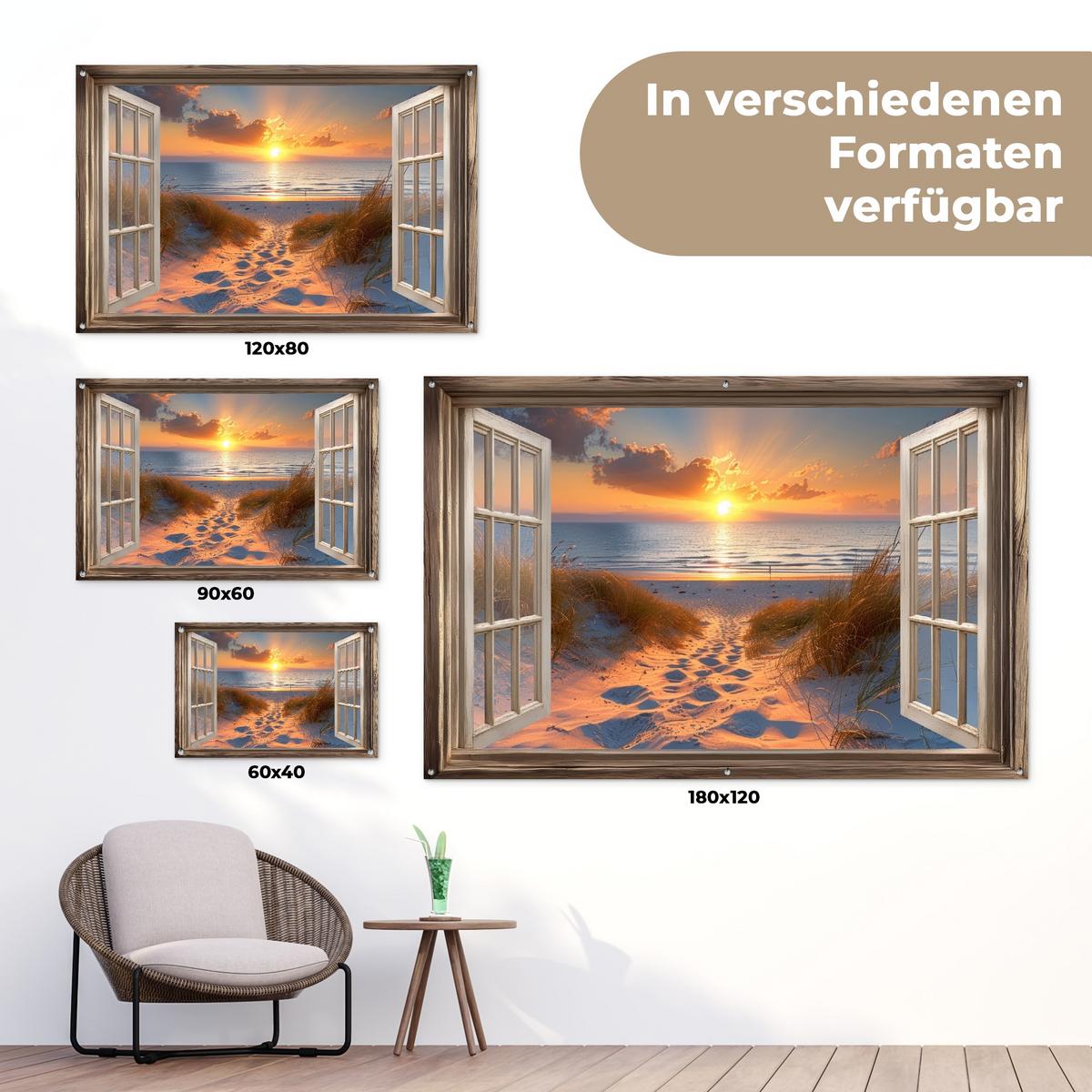 GARTENPOSTER Durchblick - Strand - Dünen - Sonnenuntergang Poster für draußen 180x120 cm - Orange, Kunststoff (180/120/0.2cm) - OnlyWow