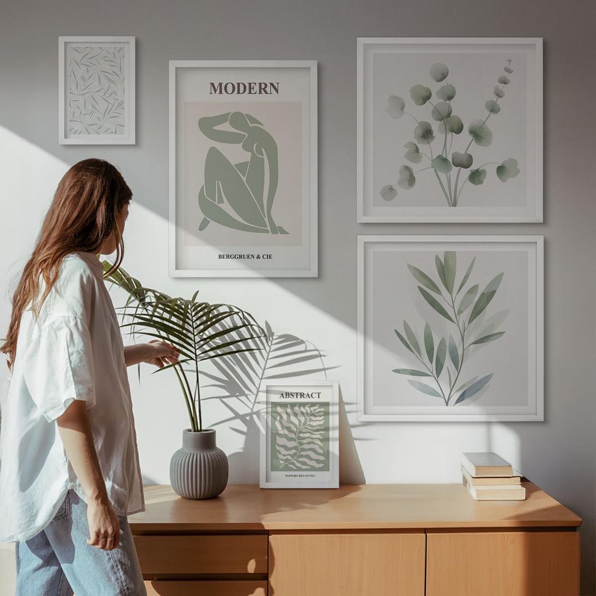 BILDER SET 5er Set - 50x50 cm & 20x30 cm & 40x60 cm Weißer Rahmen - Matisse entwirft Boho-Pflanzen - Weiß, Kunststoff (40/60cm) - TULUP