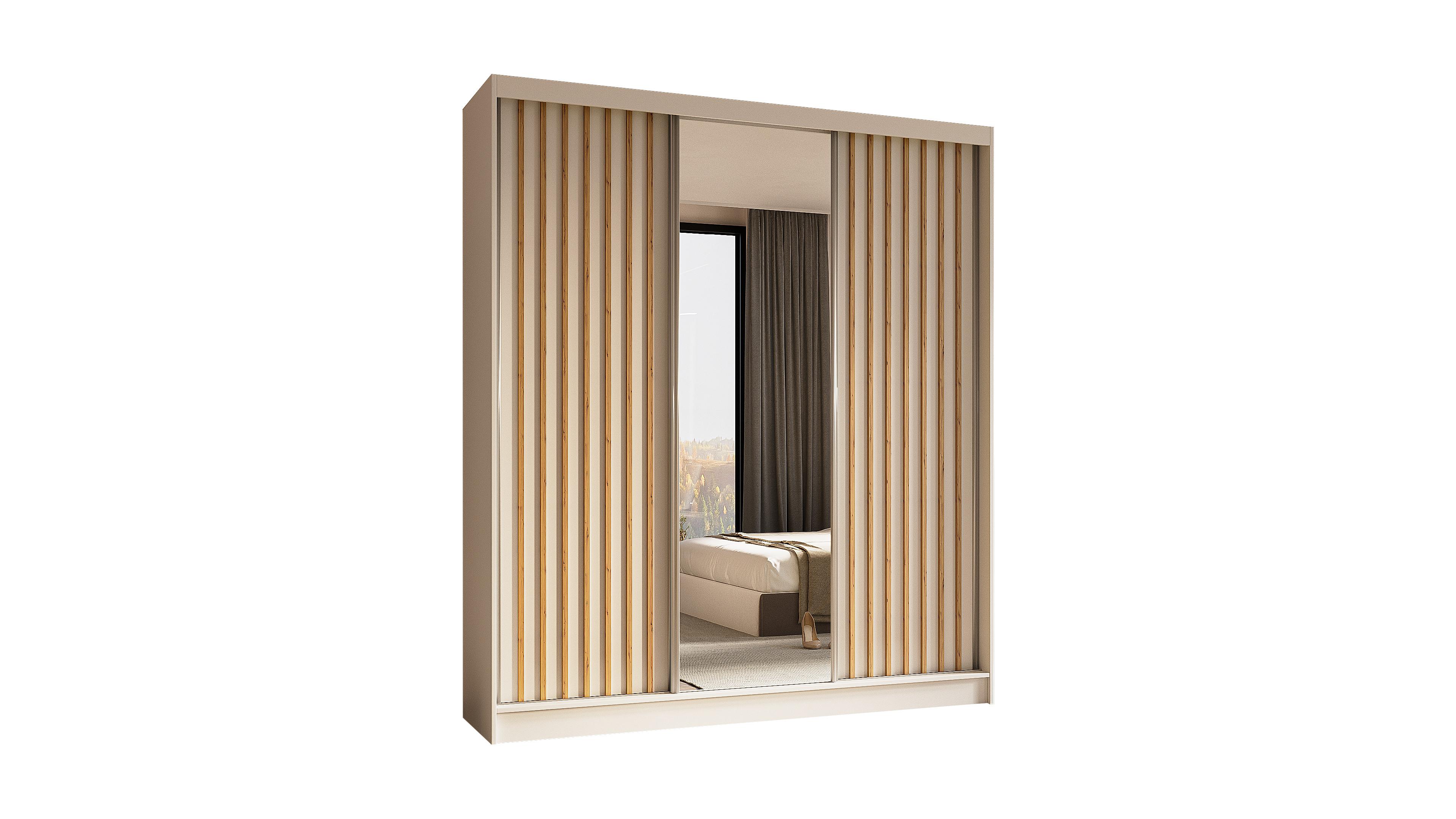 KLEIDERSCHRANK mit Spiegel-Schiebetüren und Aluminium-Leisten - LAMELO - 180 cm Weiß+Weiß+Artisan - Weiß, Holzwerkstoff (180/216/61cm) - ALTDECOR