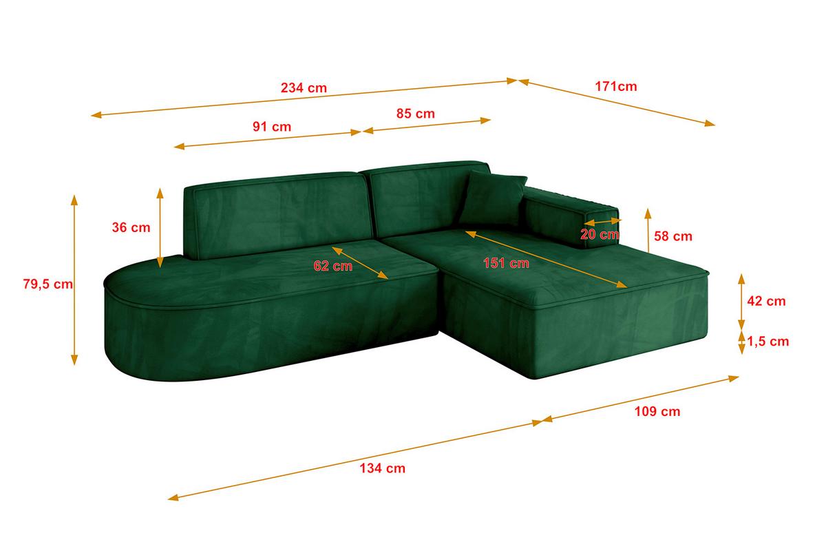 ECKSOFA Ottomane Rechts IREA-L1-v4 - 234x171x79 cm Grün - Grün, Holzwerkstoff/Textil (171/234cm) - ALTDECOR