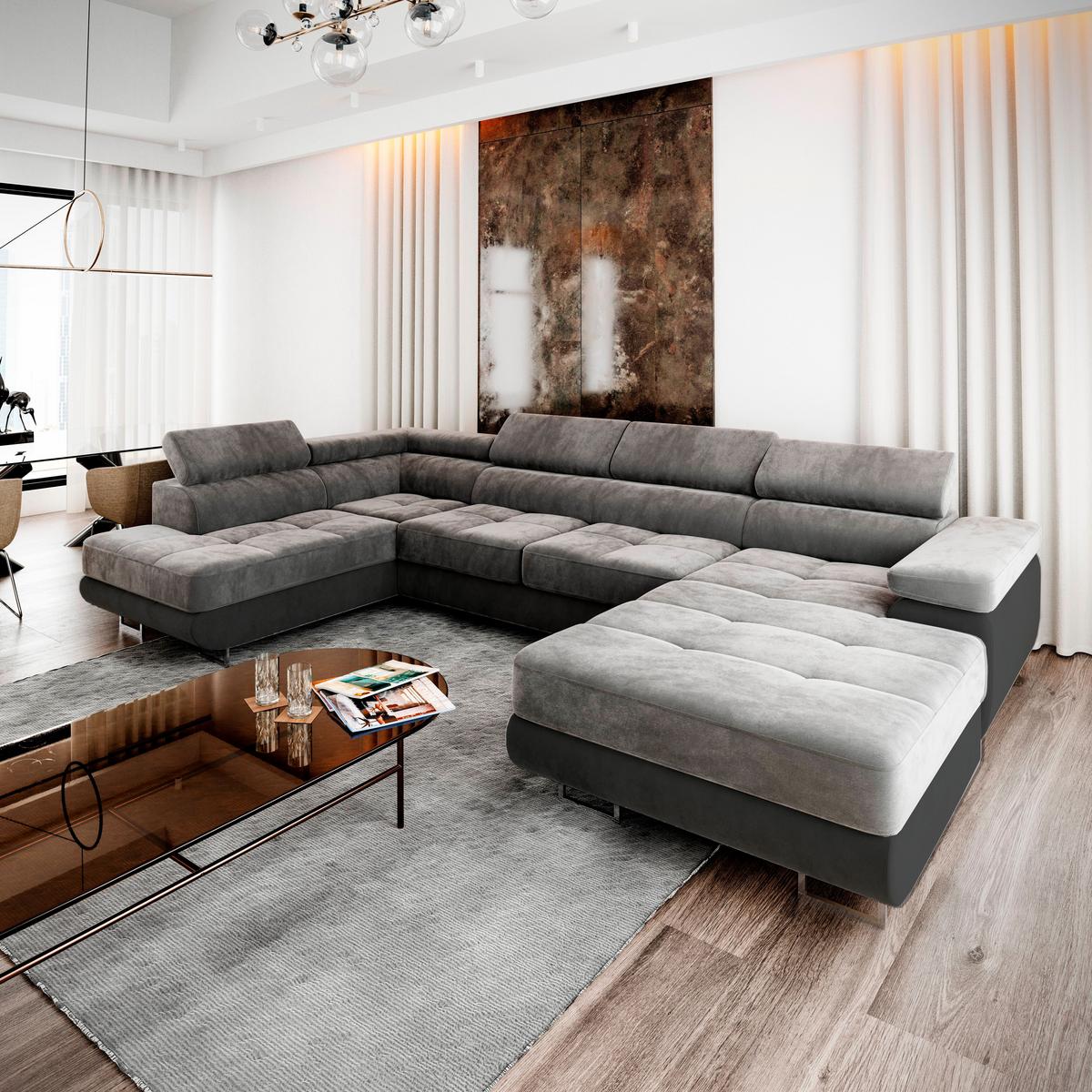 WOHNLANDSCHAFT CASONE L-S Hellgrau Velours-Stoff mit Schlaffunktion - Silberfarben/Hellgrau, Holz/Textil (345/90/202cm) - MASSENO