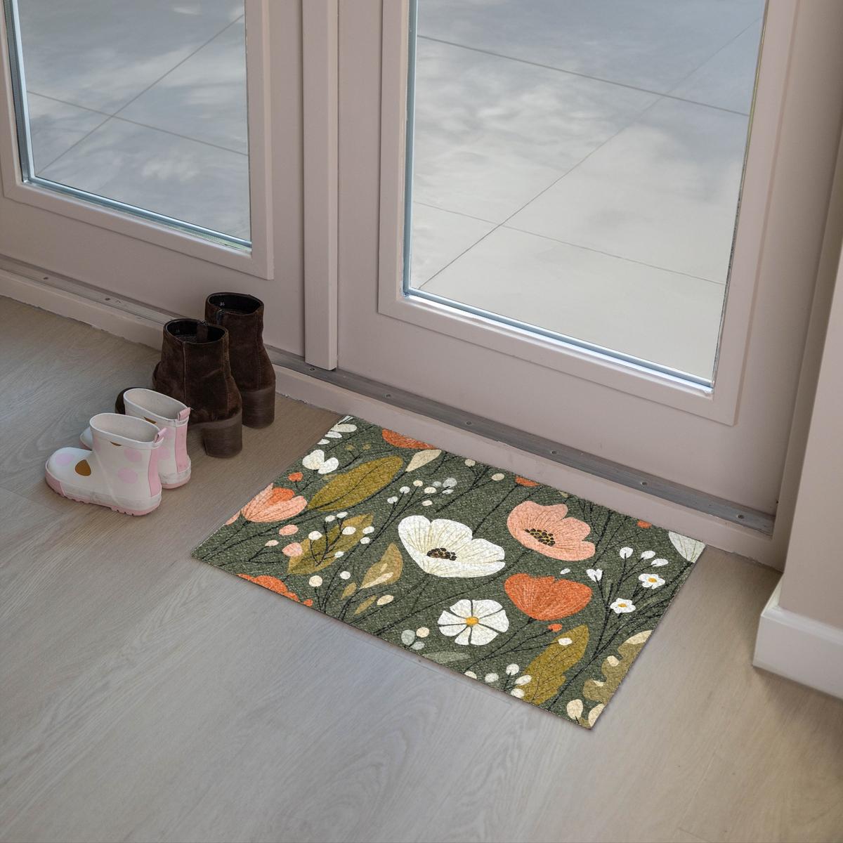 FUSSMATTE Blumen - Illustration - Grün Flurteppich 60x40 cm - Dunkelgrün, Kunststoff (60/0.4cm) - MuchoWow