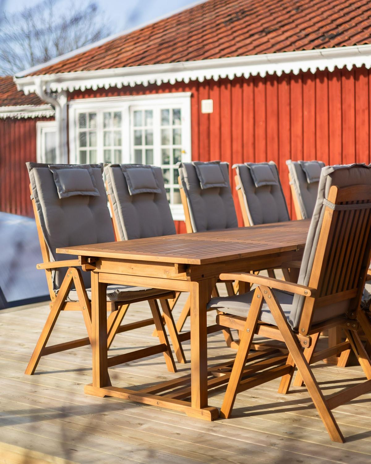 GARTENMÖBEL SET 6-Sitzer Akazienholz Auflagen grau-beige Java - Hellbraun/Beige, Holz - Beliani