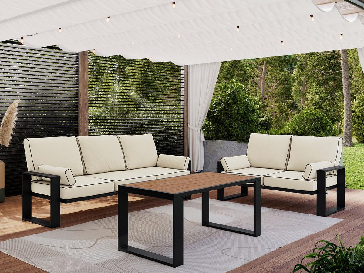 GARTENMÖBEL-SET ELBA: 1x Tisch, 2x Sofa - Beige - Beige, Textil - MKS