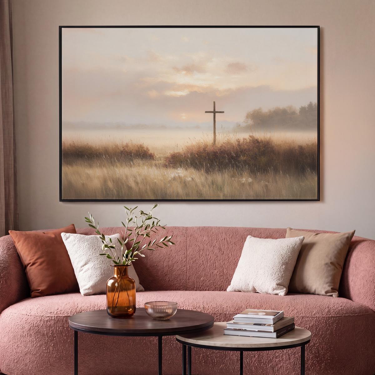 LEINWAND Bilder mit Rahmen - Gras - Morgennebel - Kreuz - Christentum - 120x80 - Beige, Textil (120/80cm) - MuchoWow
