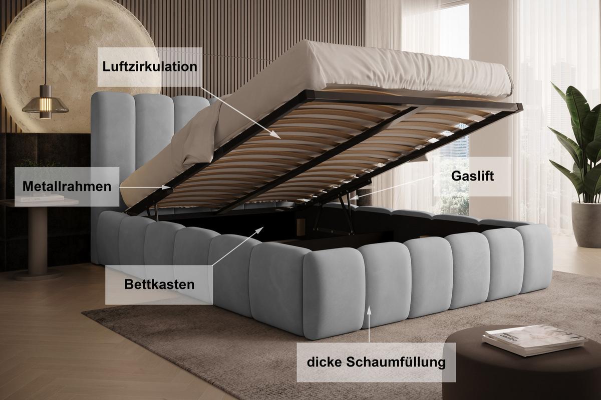 POLSTERBETT Vilo 180x200 mit Bettkasten und Stabilem Metallgestell - Hellgrau, Textil (180/200cm) - Storez24